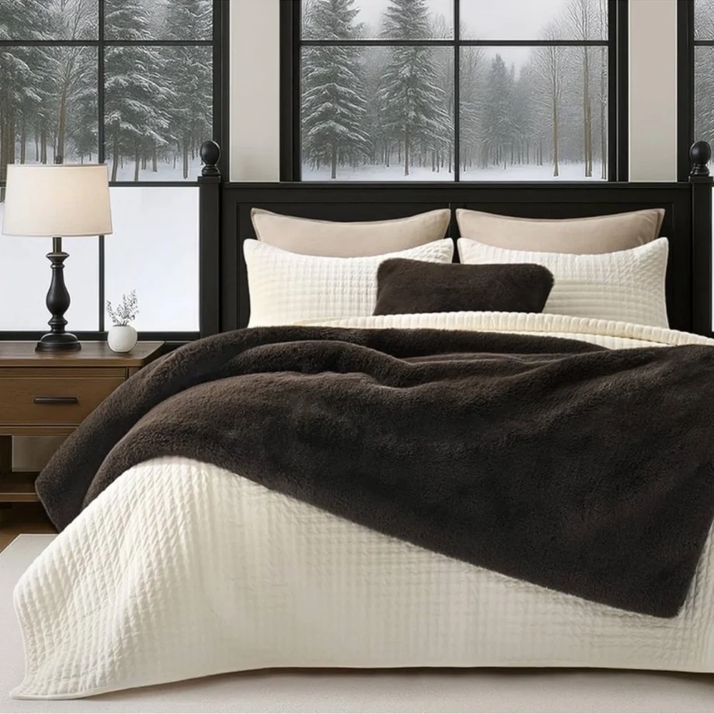 🆕 PB Style Dark Brown Faux Mink Rabbit Fur Throw Velvet Backing XL Quilt Bed
